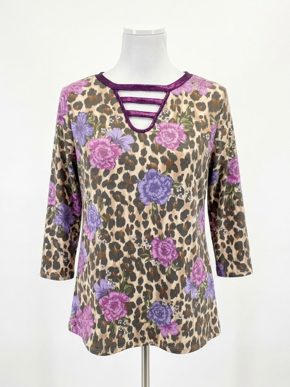 NEW HONEYME leopard floral spliced tee in purple multi